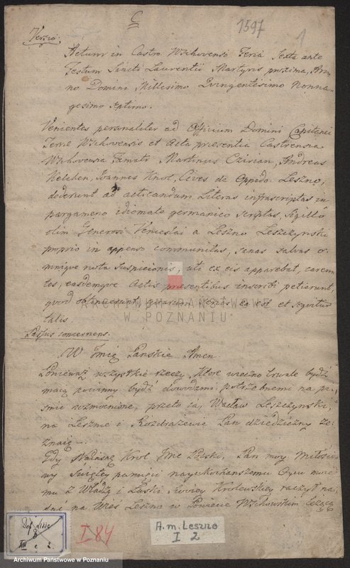 Obraz 2 z jednostki "Rozdrażewa, który ustalił ordynację wewnętrzną miasta Leszna, określając ustrój miasta, uposażenie gospodarcze oraz prawo i obowiązki mieszczan leszczyńskich; j. pol."