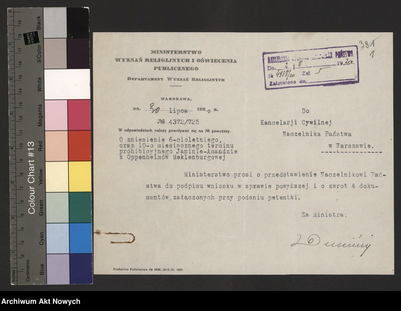 image.from.unit.number "Zniesienie wyroków Ewangelickich Sądów Konsystorskich: Augsburskiego i Reformowanego, o sześcioletnim terminie zakazu wstąpienia w ponowne związki małżeńskie oraz zakazu 10 miesięcznego.Reskrypty Naczelnika Państwa, wnioski, korespondencja z Min. Wyznań Religijnych i Oświecenia Publicznego"