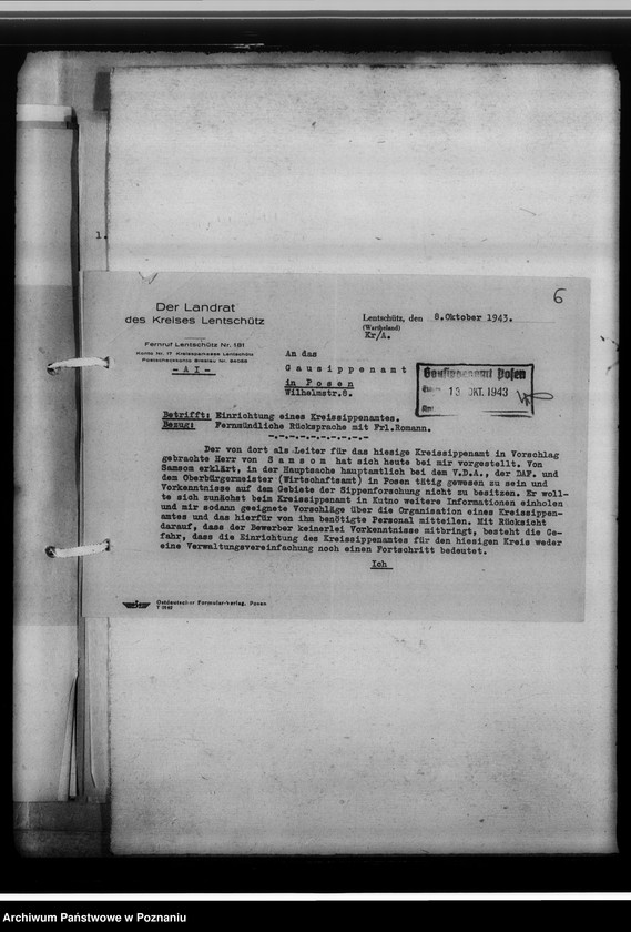 Obraz 10 z jednostki "[Korespondencja w sprawach organizacyjnych, sprawozdanie z działalności, Kreissippenamt Lentschütz Łęczyca, województwo łódzkie]"