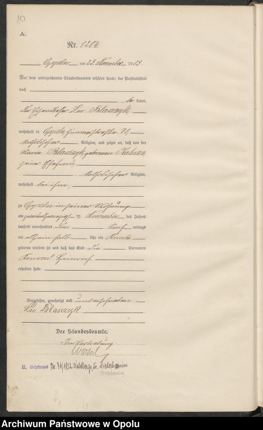 Obraz 14 z jednostki "Urząd Stanu Cywilnego w Opolu 1903 Rejestr Urodzeń Księga Miejscowa Nr 1196 do 1355"