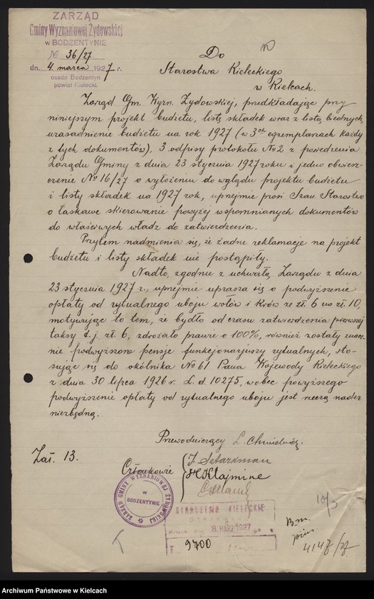 image.from.unit.number "Budżety i sprawy majątkowe żydowskiej gminy wyznaniowej w Bodzentynie pow. Kielce"