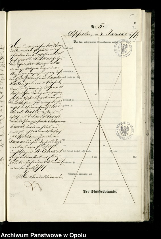 Obraz 8 z jednostki "Urząd Stanu Cywilnego w Opolu 1877 Rejestr zgonów Księga Miejscowa Nr 1 do 346"