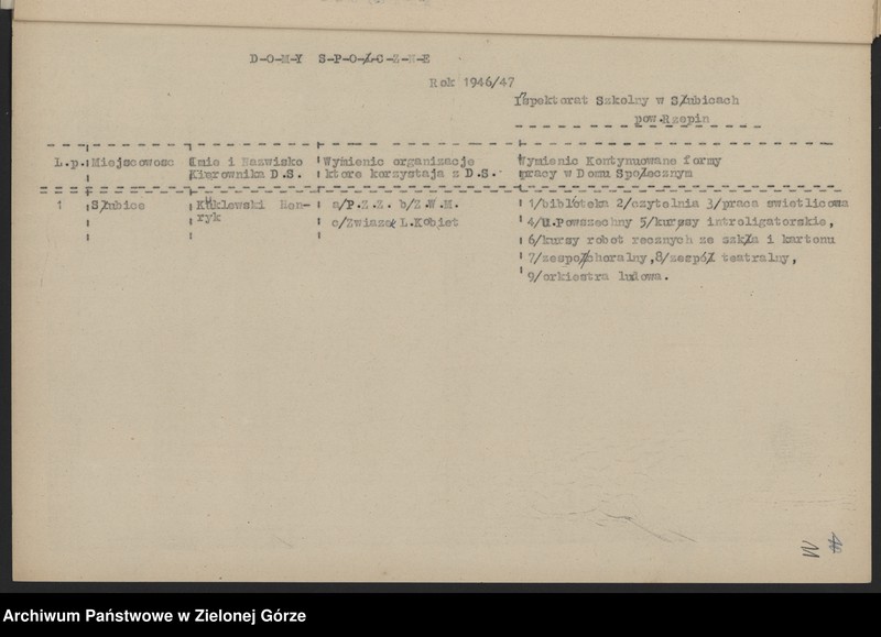 image.from.unit.number "Plany i sprawozdania roczne z pracy Kulturalno-Oświatowej, inspektorów szkolnych w Słubicach, Świebodzinie i Strzelcach Krajeńskich w zakresie oświaty dorosłych"