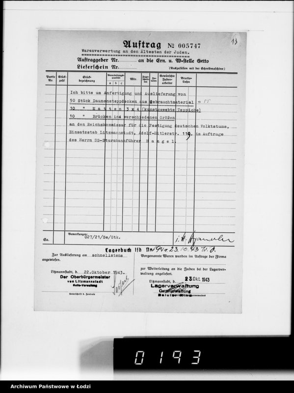 Obraz 17 z jednostki "Warenverwertung am Lager 91. [Aufträge] 5901-5950"