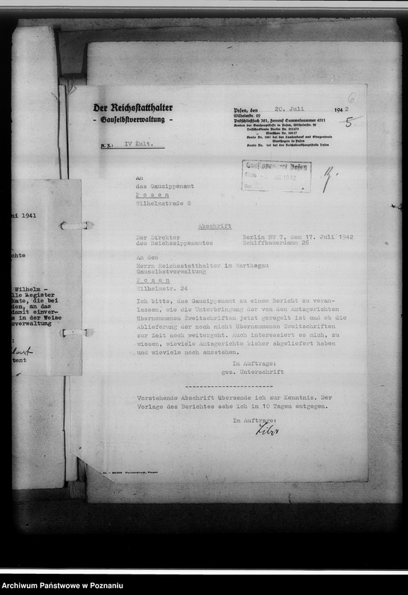 Obraz 10 z jednostki "Einziehung von Zweitbüchern. Schriftwechsel mit dem O.L.G und andere [korespondencja z władzami sądowymi w Poznaniu, spis sądów w okręgu poznańskim od 1941 roku]"