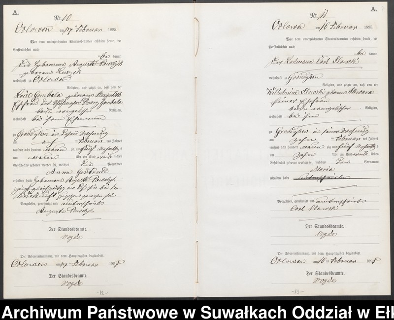 image.from.unit.number "Geburts-Neben-Register des Preussischen Standes-Amtes Orlowen Kreis Loetzen für das Jahr 1895"