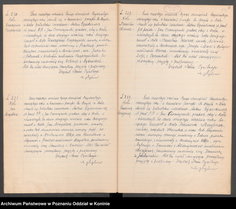 Obraz 13 z kolekcji "Akta zgonów zabitych i zmarłych ofiar bombardowania w Kole w dniu 2 września 1939 r.111"