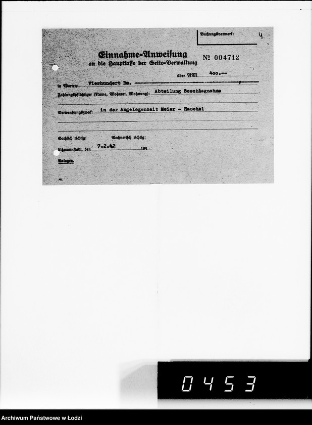 Obraz 19 z jednostki "Einnahme Anweisungen. [Sprzedaż przedmiotów skonfiskowanych]"