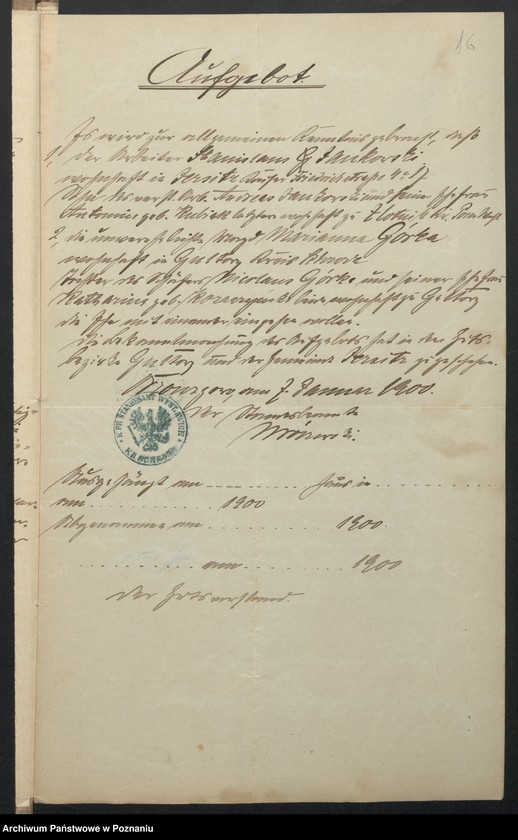 image.from.unit.number "Acta des Königlichen Standesamts Wyslawice Kreis Schroda betreffend die Aufgebotsverhandlungen pro 1900"