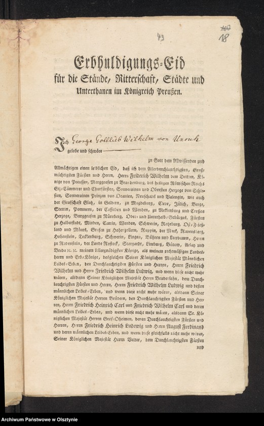 image.from.unit.number "In S. [Sachen] des Lieutenants Wilhelm Samuel Sigismund Boguslav von Lietzen. Den Verkauf seines adeliche Guts Lippau [Lipowo] H. [Haupt] Amts Neidenburg [Nidzica], am den Lieutnant George Gottlieb Wilhelmn von Unruh"