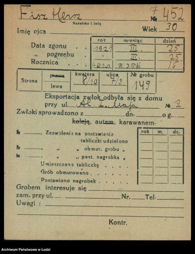 Obraz 8 z jednostki "Kartoteka osób pochowanych na cmentarzu żydowskim przy ulicy Brackiej w latach 1892-1957. Nazwiska na litery: Fisz-For"