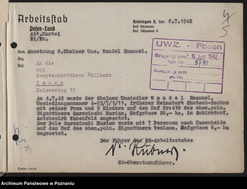 Obraz 8 z jednostki "Umsiedlungsmeldungen der SS - Arbeitsstäbe - Kreis Posen - Land [Powiat - Poznań]"