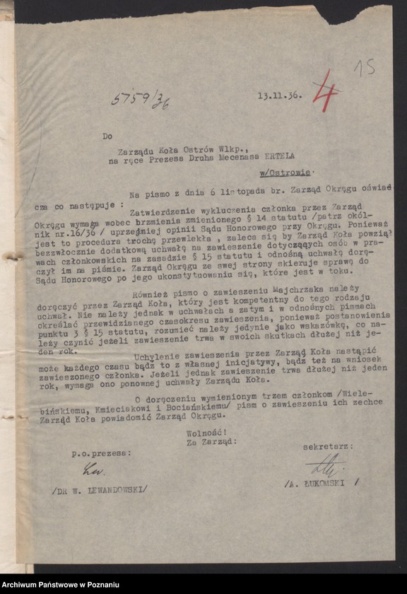 Obraz 18 z jednostki "Sprawy Sądu Honorowego Związku Weteranów Powstań Narodowych Rzeczypospolitej Polski i Związku Powstańców Wielkopolskich."