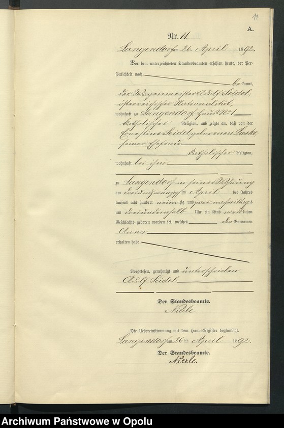 Obraz 15 z jednostki "Geburts-Neben-Register des Standesamts Langendorf pro 1892"