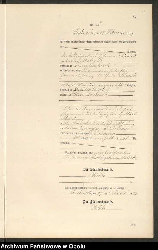 image.from.unit.number "Sterbe-Register (Neben-Register) Standesamt Leubusch 1909"