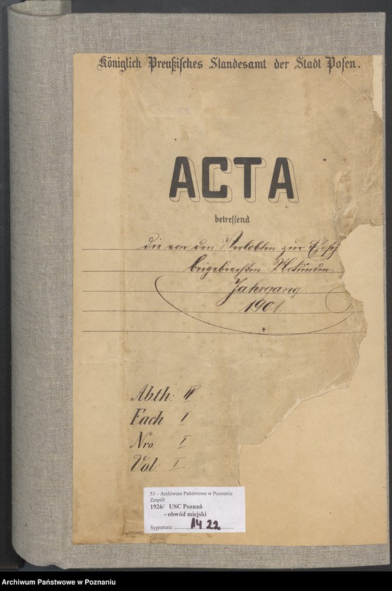 Obraz 2 z jednostki "Die von den Verlobten beigebrachten Urkunden zur Eheschliessung pro 1901. Vol I"