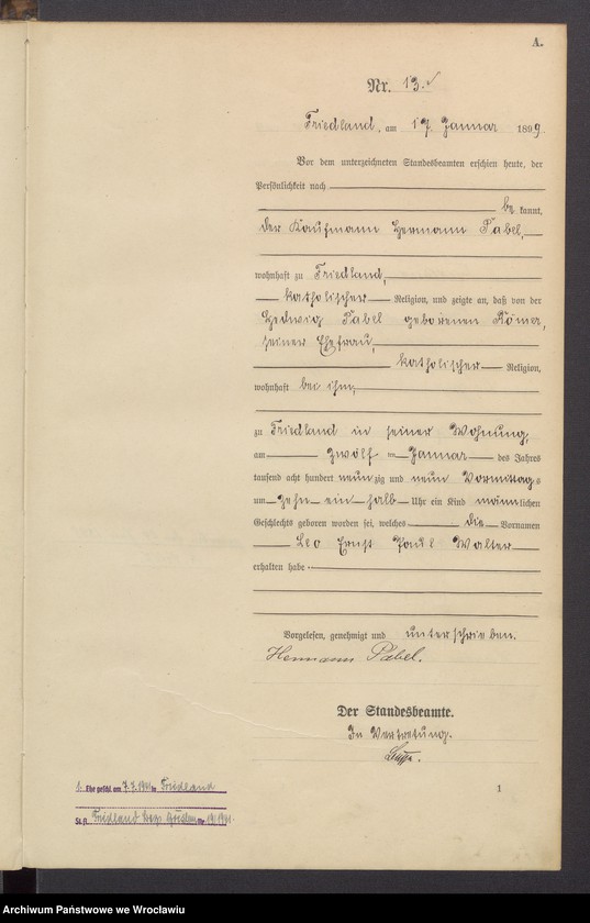 image.from.unit.number "Księga urodzeń USC Mieroszów (Friedland) 1899"