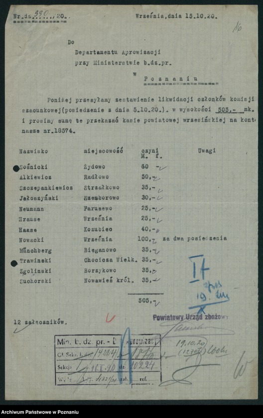Obraz 17 z jednostki "[Statystyka produkcji rolnej - wynagrodzenia za oszacowanie plonów oraz stwierdzenie powierzchni zasiewów w 1920 roku]"