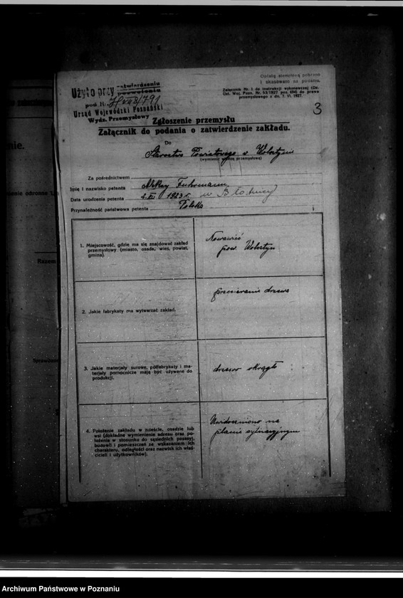 Obraz 7 z jednostki "Zatwierdzenie zakładu przemysłowego /tartaku/ Aleksego Fuhrmanna w Nowejwsi powiat wolsztyński"