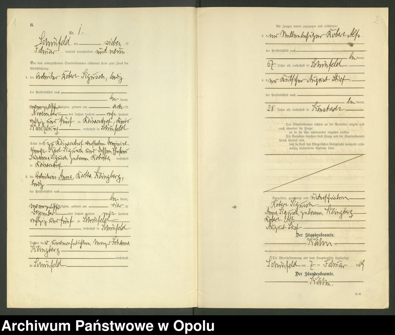 Obraz z jednostki "Heiraths-Register (Neben-Register) Standesamt Schönfeld 1909  No.1 bis 10"
