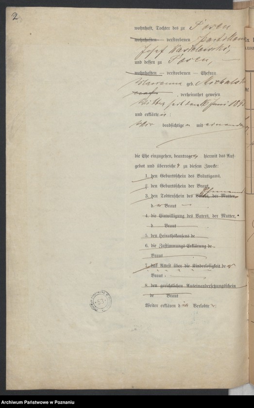Obraz 4 z jednostki "Die von den Verlobten beigebrachten Urkunden zur Eheschliessung pro 1895"