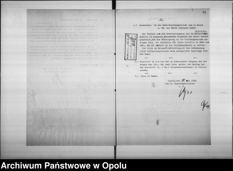 Obraz 12 z jednostki "[Dotyczy rozbudowy kościółka św. Sebastiana w Opolu, odstąpienia parceli przez gminę miejską na powyższy cel]"
