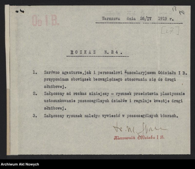 Obraz 15 z jednostki "Materiały dotyczące organizacji służby bezpieczeństwa (głównie Biura Wywiadowczego i żandarmerii) oraz memoriały i uwagi brytyjskiej misji policyjnej w sprawie reorganizacji polskiej"