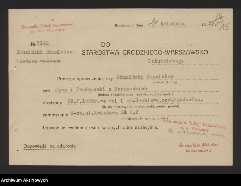 image.from.unit.number "Przyjęcie do służby w Policji Państwowej Stanisława Skuzińskiego. Korespondencja."