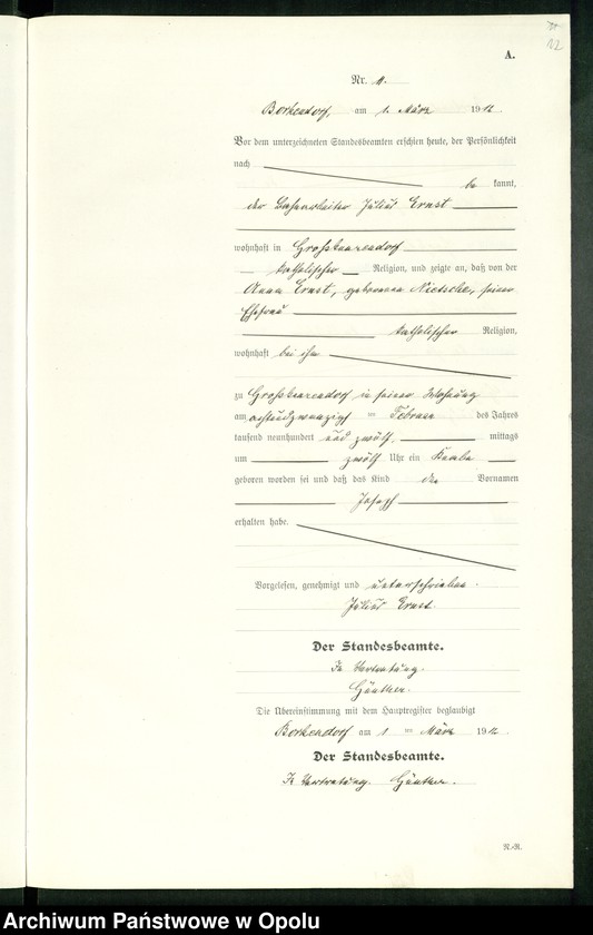 Obraz 16 z jednostki "Geburts-Register (Neben-Register) Standesamt Borkendorf 1912 No. 1 bis 73."