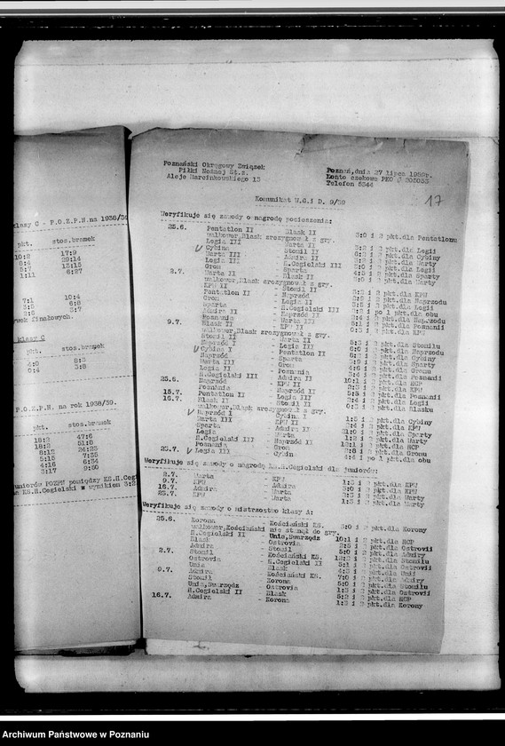 Obraz 20 z jednostki "Korespondencja dotycząca działalności sportowej: adresy towarzystw zrzeszonych w Polskim Okręgowym Związku Piłki Nożnej. Tabela rozgrywek"