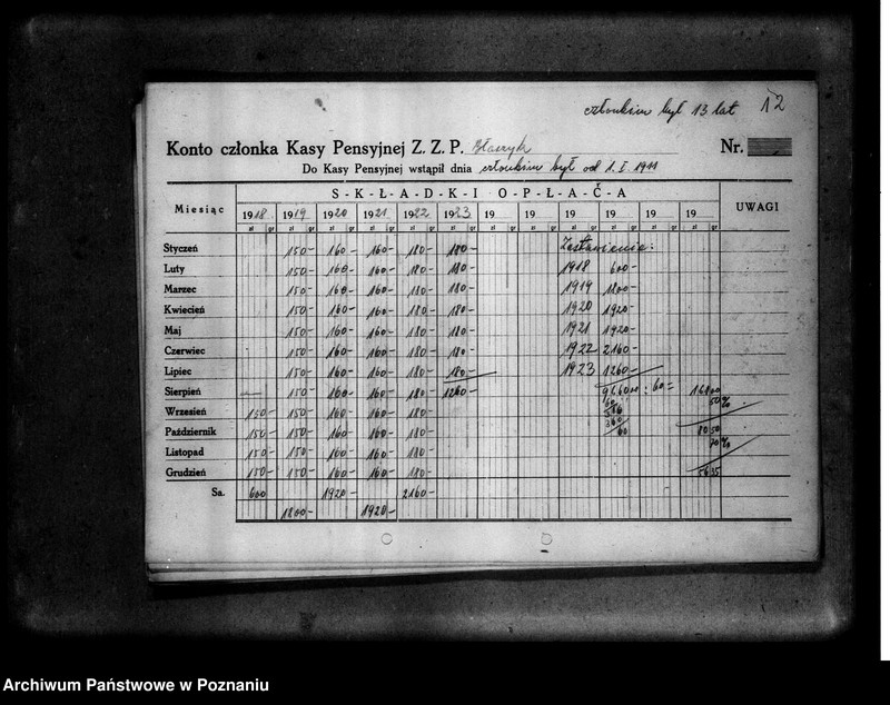 Obraz 12 z jednostki "Obliczone emerytury wypłacone z Kasy Emerytalnej "Wzajemnej Pomocy" urzędników Zjednoczenia Zawodowego Polskiego"