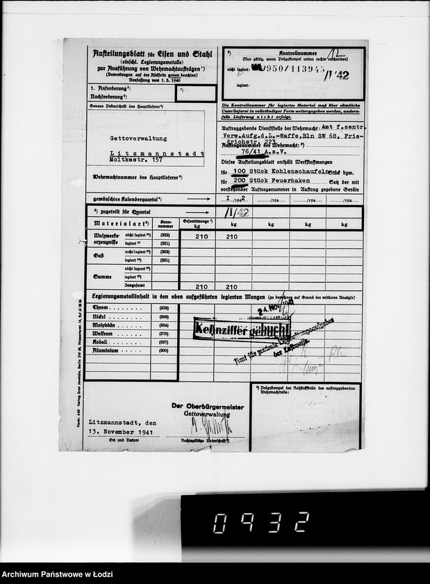 Obraz 14 z jednostki "Amt für Vewaltungsaufgaben der Luftwaffe Kriegsauftrag 49/41 A.z.V.100 Kohlenschaufeln. 200 Feuerhaken"