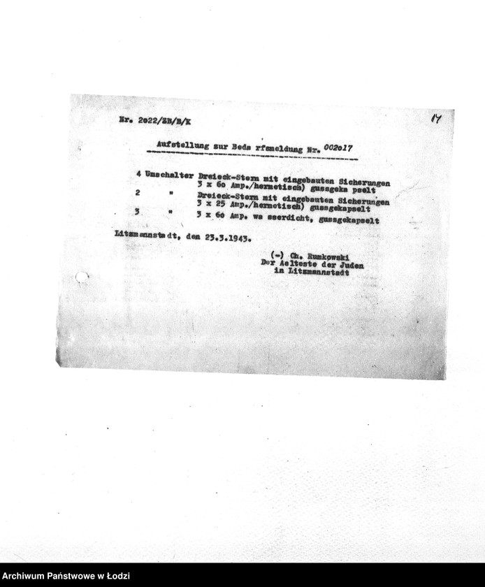 Obraz 17 z jednostki "Bedarfsmeldungen [Skierowane do GV zapotrzebowania na surowce, materiały, narzędzia, maszyny itp. potrzebne resortom pracy do produkcji; zamówienia żywności, lekarstw]"