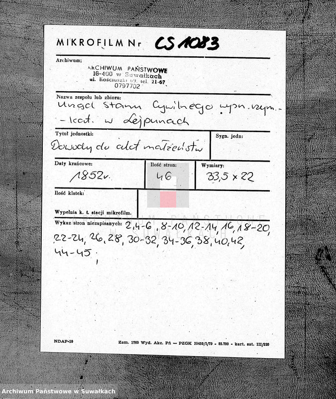 image.from.unit.number "Dowody do Akt Małżeństw Parafii Lejpuńskiej z Roku 1852"