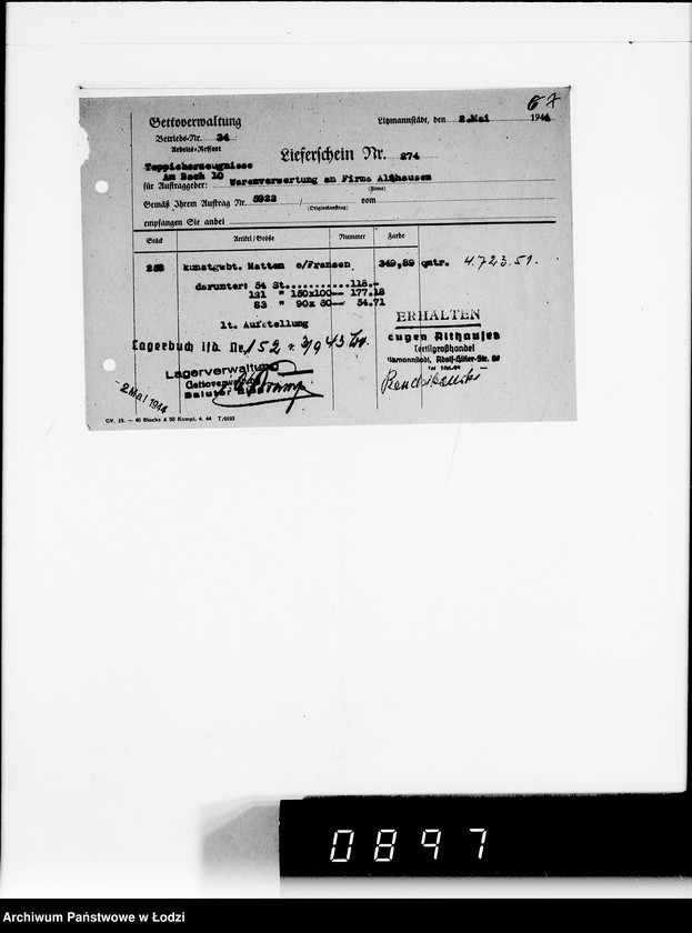 Obraz 11 z jednostki "Auftrag 592 Warenverwertung von den Judenältesten für Eugen Althausen Litzmannstadt"