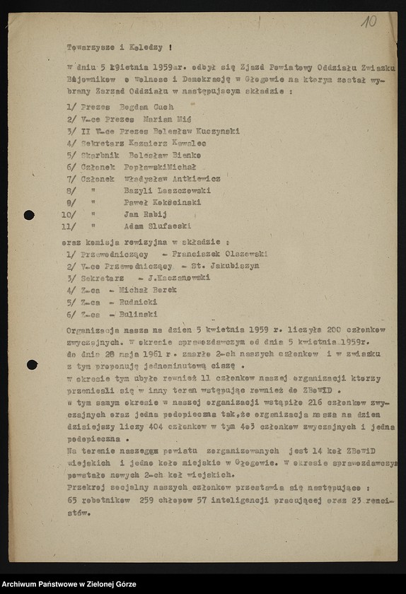image.from.unit.number "Oddział Powiatowy ZBoWiD w Głogowie. Kampania sprawozdawczo-wyborcza Zarządu Oddziału Powiatowego ZBoWiD w Głogowie w 1961 r.-Protokół z Walnego Zjazdu Powiatowego ZBoWiD - 28 maja 1961"