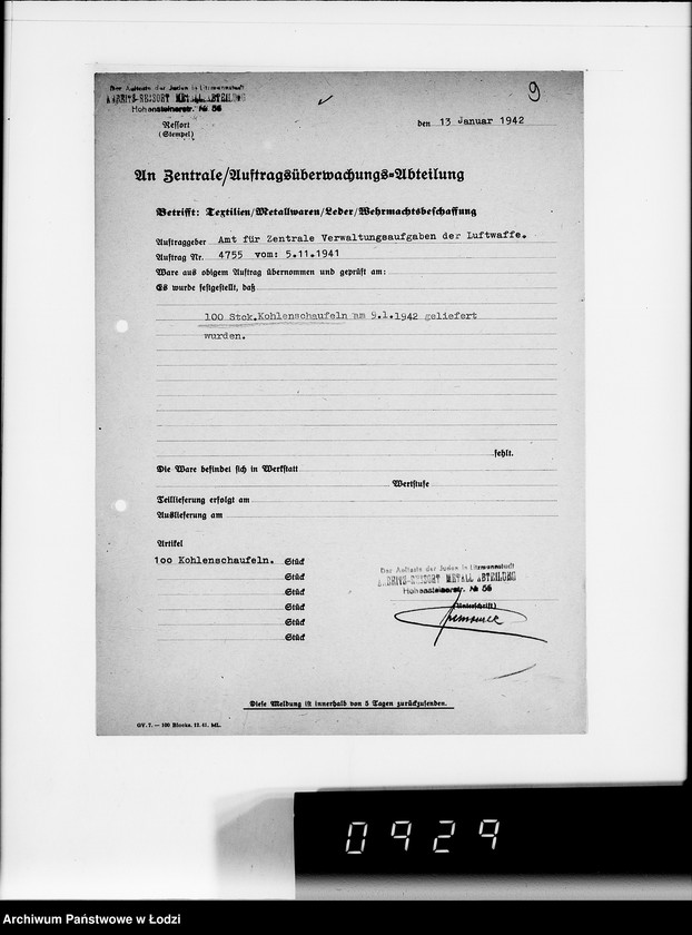 Obraz 11 z jednostki "Amt für Vewaltungsaufgaben der Luftwaffe Kriegsauftrag 49/41 A.z.V.100 Kohlenschaufeln. 200 Feuerhaken"