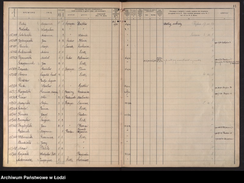 Obraz 18 z jednostki "Księga kontroli ruchu ludności (rejestr osób przybywających do gminy) Łódź, komisariat III, ks. VIII, nr 15533-17398"