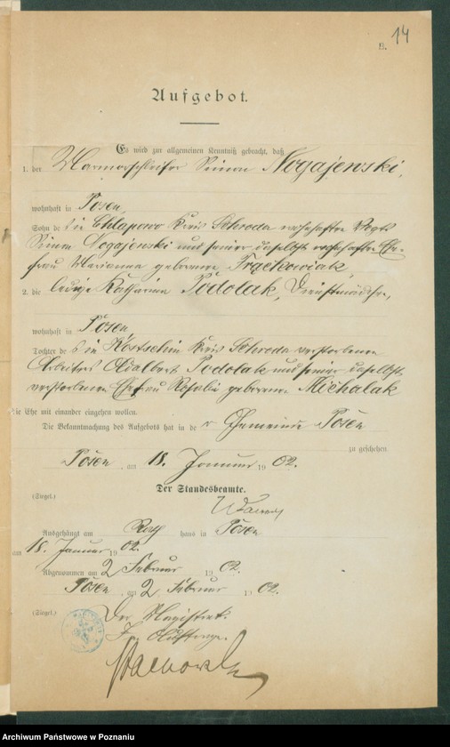 Obraz 16 z jednostki "[Dokumenty dostarczone przez narzeczonych do zawarcia związku małżeńskiego za 1902 rok. Tom III]"