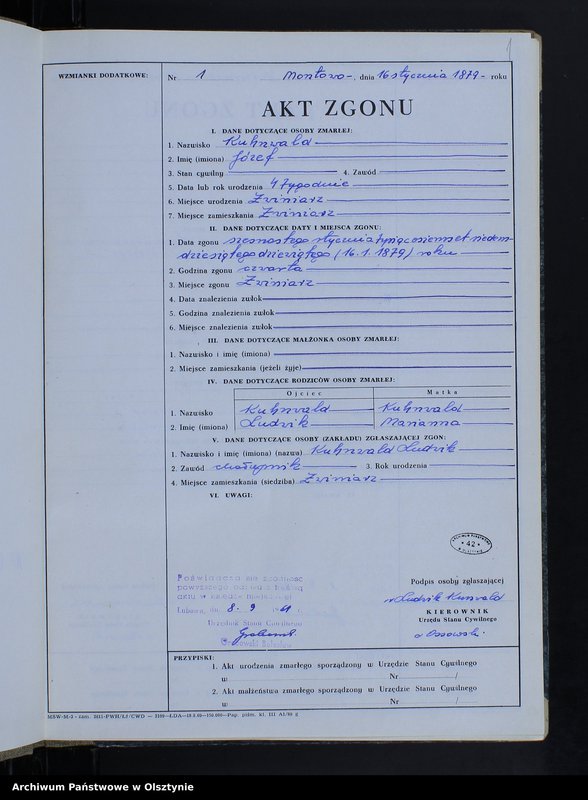 image.from.unit.number "Księga zgonów Nr 1 - 66,1 - 51 i 1 - 44 /przepisana w języku polskim z oryginału niemieckiego w dniach 8.09.- 15.09.1961/"