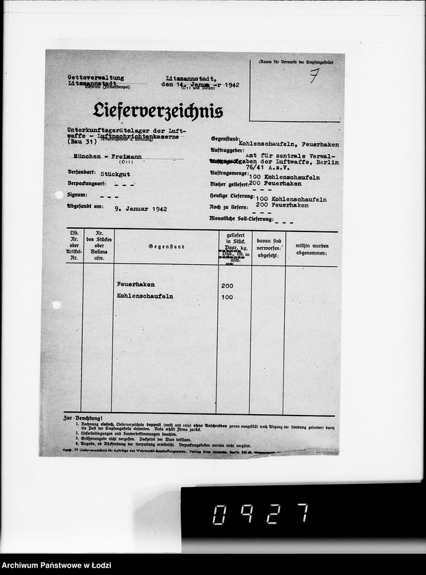 Obraz 9 z jednostki "Amt für Vewaltungsaufgaben der Luftwaffe Kriegsauftrag 49/41 A.z.V.100 Kohlenschaufeln. 200 Feuerhaken"