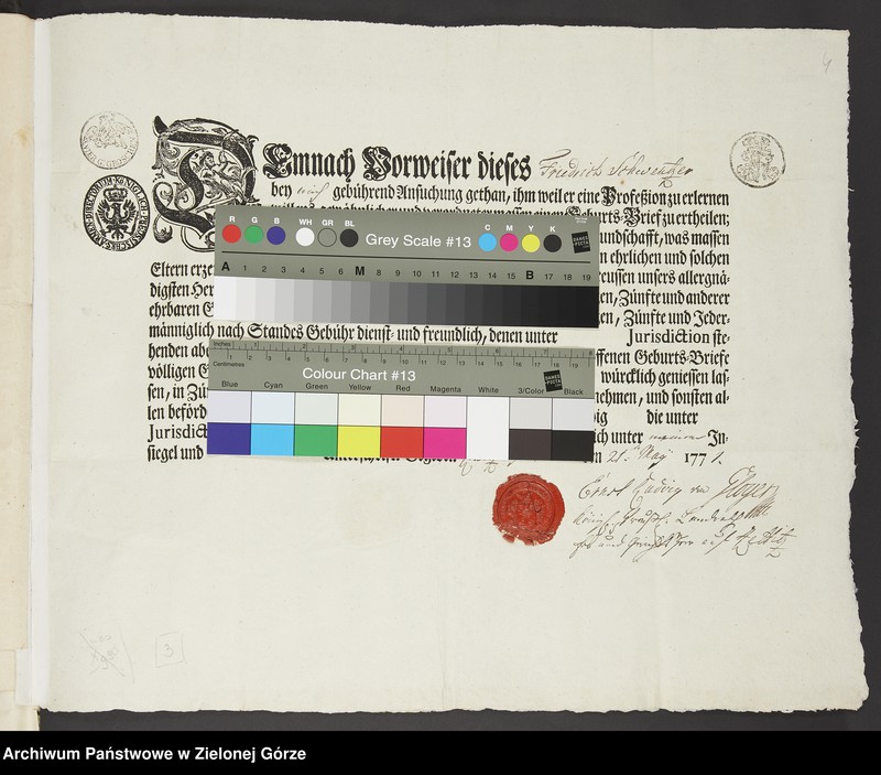 image.from.unit.number "Ernst Ludvig von Gloger, Landrat i pan dziedziczny majątku Czetowice wystawia swemu podwładnemu Friedrichowi Schwentzer świadectwo prawego urodzenia"