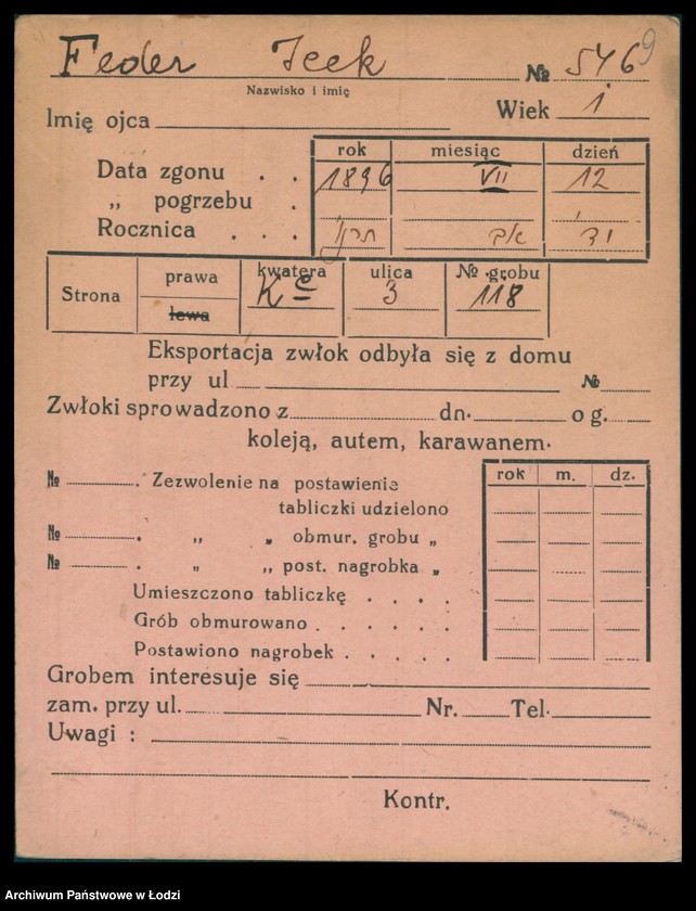 Obraz 10 z jednostki "Kartoteka osób pochowanych na cmentarzu żydowskim przy ulicy Brackiej w latach 1892-1961. Nazwiska na litery: Fe-Fisch"