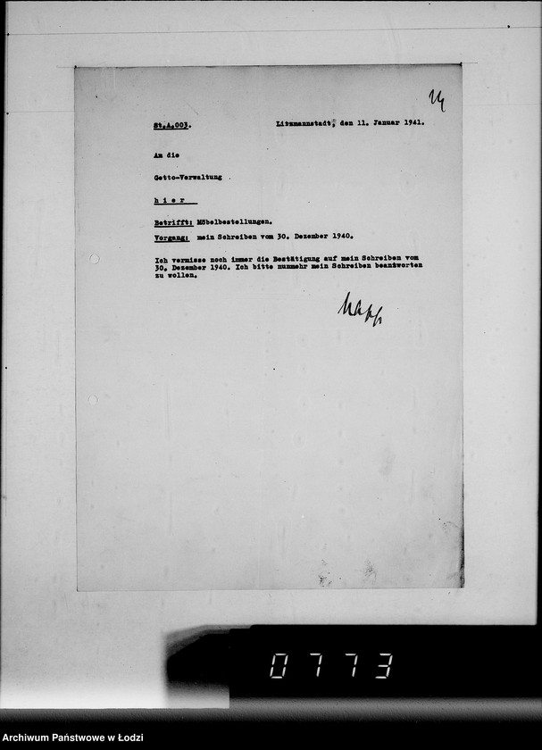 Obraz 18 z jednostki "Ausgelieferte und bezahlte Kommisionen Konto 1-6. [Wnioski na meble biurowe w zakładzie Getta w Łodzi]"