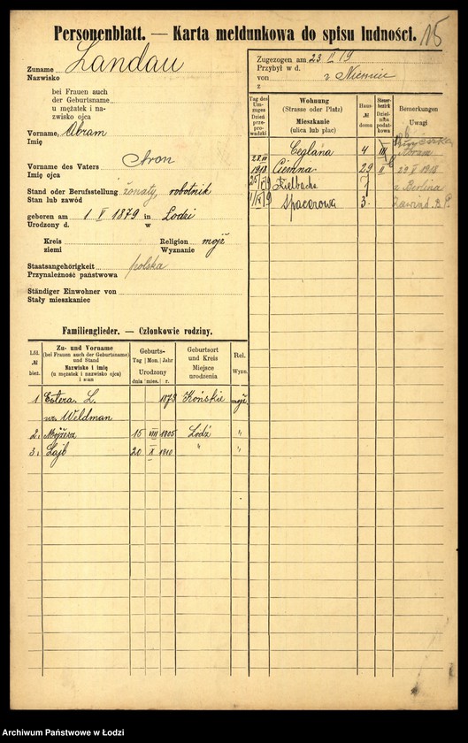 Obraz 17 z jednostki "[Spis ludności Łodzi] Landau - Landman"