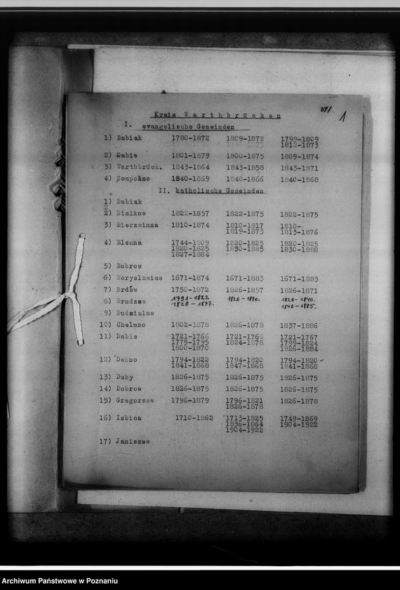 Obraz 5 z jednostki "Bücherverzeichnis der evangelischen, katholischen Gemeinden, Zivilregister, Raptulare, Duplikate, Konfirmanden, Convertiten, Seelenmessen, Kommunion, Kommunikanten, Kreis Warthbrücken [powiat kolski]"