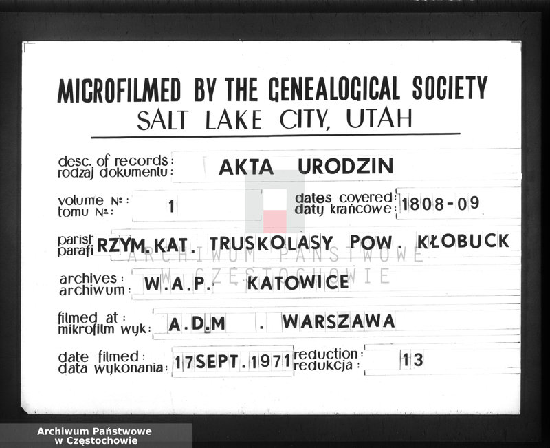 image.from.unit.number "Akta stanu cywilnego urodzenia gminy Truskolasy, powiatu częstochowskiego w departamencie kaliskim, zaczęte od dnia 1 miesiąca maja 1808 do dnia ostatniego miesiąca kwietnia 1809 roku"