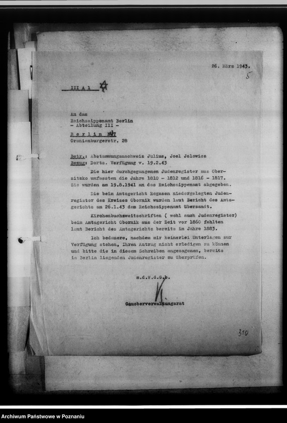 Obraz 9 z jednostki "Personenstandsregister der Judengemeinde /[owiaty: czarnkowski, obornicki, szamotulski]"