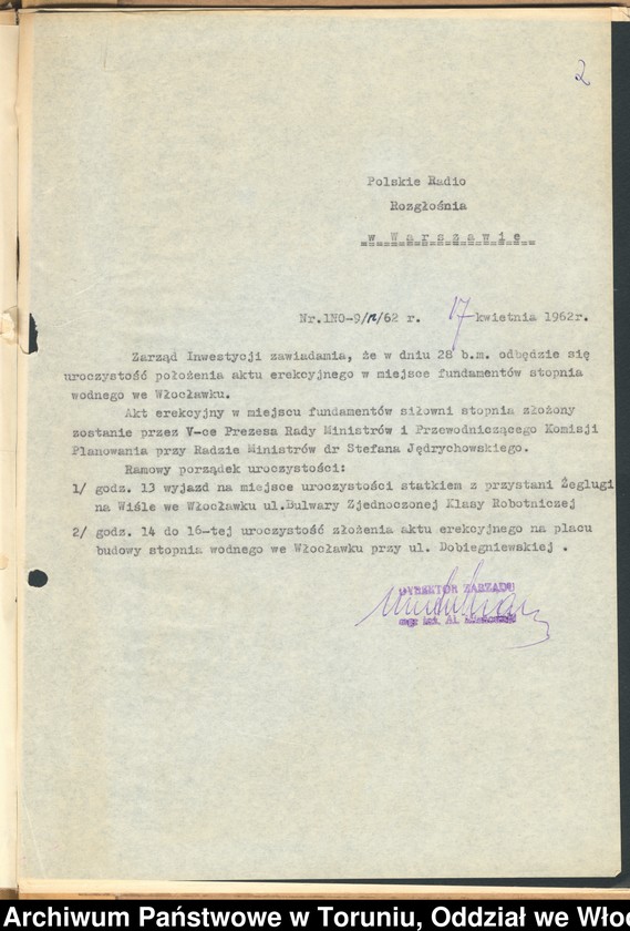 image.from.unit.number "Akt erekcyjny położony w miejscu fundamentów stopnia wodnego we Włocławku w dniu 28.04.1962."