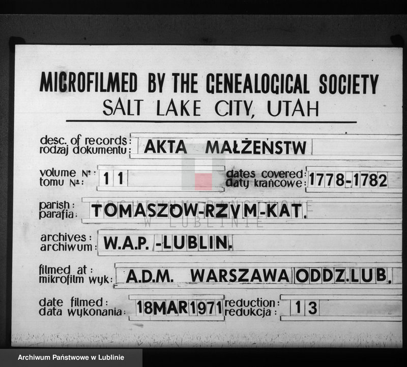 Obraz 1 z jednostki "Metrica copulatorum pro oppido Tomaszów et villis"